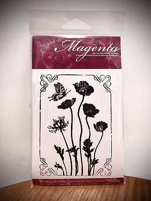 MAGENTA Boutique Rubber Cling Stamp Butterfly & Poppies Brand New 4” X 3” • $8.95