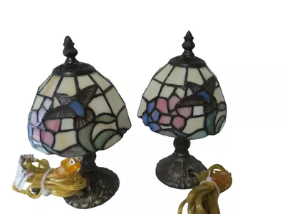 Set Of 2 Vintage Small Table Lamps Tiffany Style Stained Glass Shades 10 T • $50