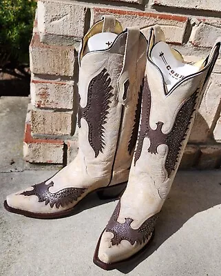 Corral Boots Beige With Metallic  Studded  Eagle Overlays.  All Leather. 2 ... • $189