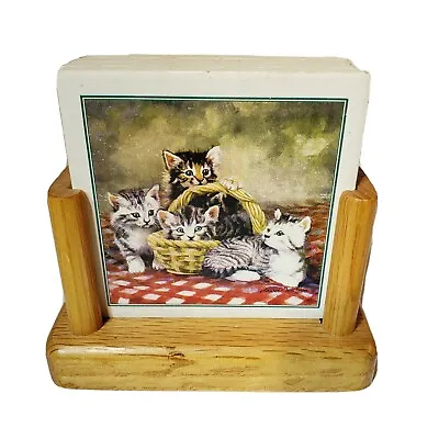 Vintage Highland Graphics Friendly Felines Cat Coasters (4) In Oak Wood Holder • $15.99