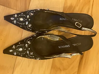 Michael Shannon Womens Black Strappy Rhinestone Shoes Heels Sz 7.5M • $14