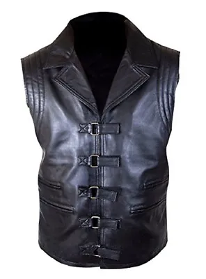 Mens Hugh Jackman Style Waistcoat Black Real Leather Steampunk Vest Van Helsing • $109.99