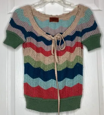 Woman MISSONI Red Blue Green Striped Wool Mohair S/s Crochet Sweater Sz 38 US 2 • $70.99
