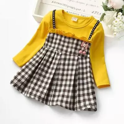 Baby Girls Rivet Plaid Long-sleeved Dress Toddler Two Pcs Lace Princess Dress • £9.99