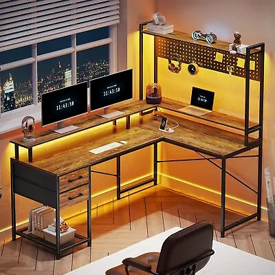L Shaped Gaming Desk Comouter Desk Office Desk With Fabric Drawers & LED Lights • $149.89