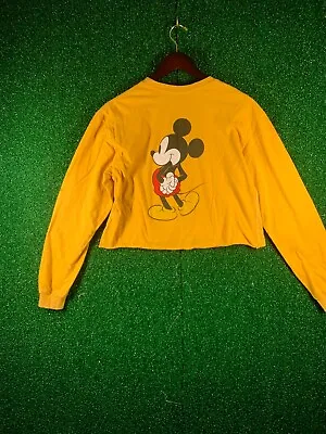 Disney Shirt Womens Large Mustard Yllw Mickey Mouse Long Sleeve Crop Top • $5