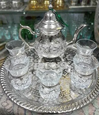Moroccan Teapot 6 Tea Cups Moroccan Tea Set Teapot Rectangular Tray 6 Glasses • $147