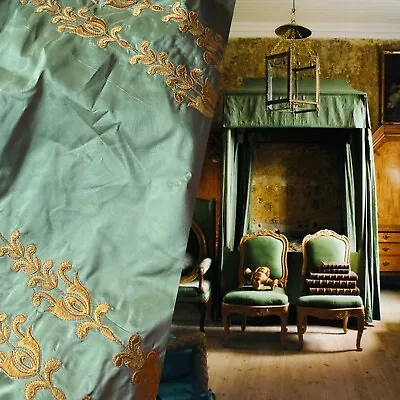 Marguerite 100% Silk Taffeta Fabric - Green And Gold Embroidered Floral Stripe • £47.29