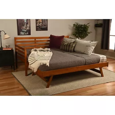 Modern Farmhouse Daybed With Pop Up Trundle Bed Frame Solid Wood Walnut Brown • $599.99