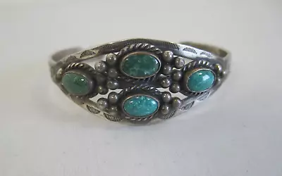 Vintage Native American Navajo 4 Turquoise Stone Silver Cuff Bracelet Stampings • $53