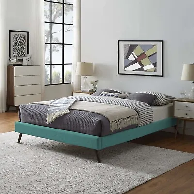Mid-Century Modern Fabric Upholstered Queen Platform Bed Frame W/ Slats In Teal • $158.67