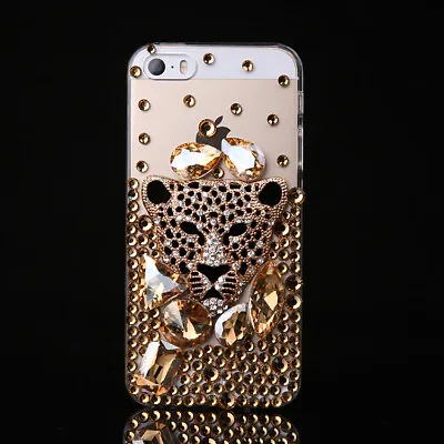 Luxury Bling Sparkly Gold Leopard Soft Case Phone Cover With Crystals Lanyard • £11.47