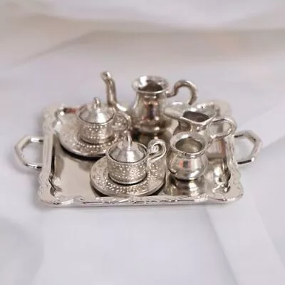 10Pcs/Set 1/12 Dollhouse Miniature Silver Metal Tea Coffee Tray Tableware Set • $8.99