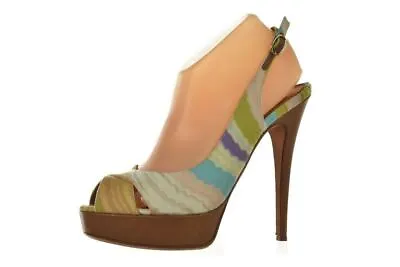 Missoni Womens Shoe Size 39.5 8.5 Tan Blue Slingback Stiletto Heels Peep Toes • $69.99