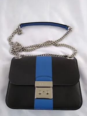 Michael Kors Black Blue Chrome Sloan Editor Medium Shoulder Bag Purse 8 X 6 Euc • $39.98