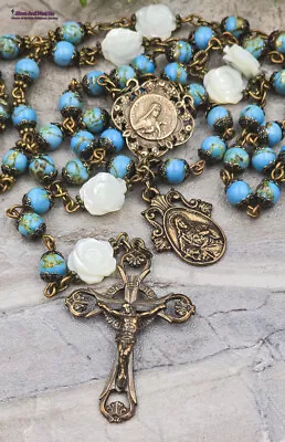 St Therese Jesus Roses Mother Of Pearl Turquoise Vintage Bronze Rosary • $159