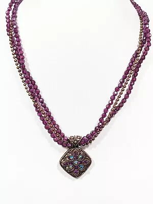 Avon Copper Tone Pendant Medallion Purple AB Crystal Beaded Multi Necklace 19 In • $12.99