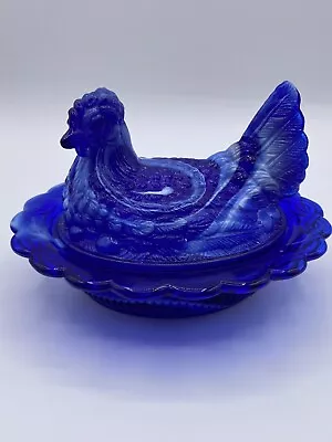 Mosser Glass Hen On Nest Cobalt Blue White Swirl Covered Dish 6.5” Long Signed • $128.03