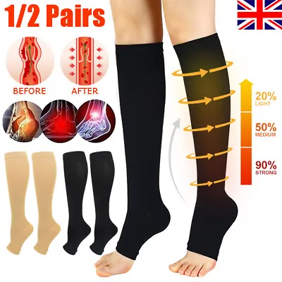 Unisex Medical Compression Socks Support Varicose Veins Open Toe Flight Stocking • £4.36