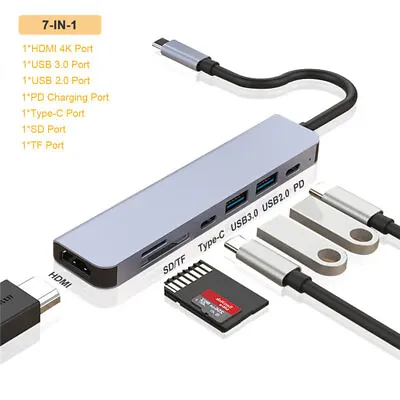 $7.59 • Buy 7 In 1 USB-C Hub Multiport Type C To USB 3.0 4K HDMI Adapter For Macbook Air Pro