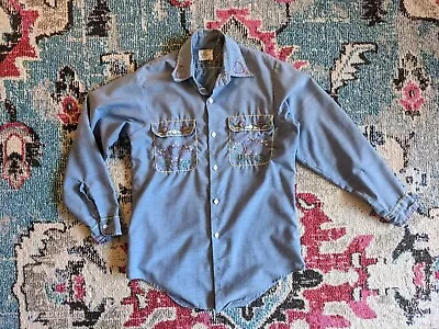 Vintage 1960s 1970d Embroidered Chambray Shirt Blue Long Sleeves Hippie Medium • $45