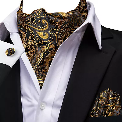 Mens Silk Ascot Cravat Vintage Tie Jacquard Paisley Scarf Hanky Cufflinks Set • £10.99