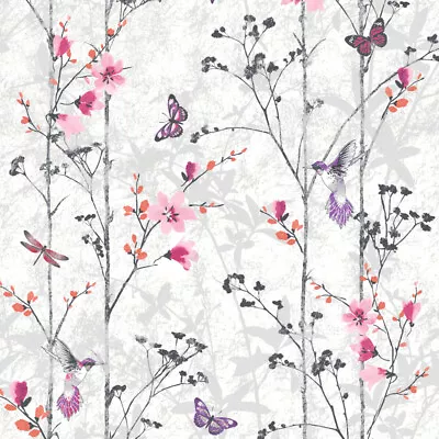 Muriva Eden Pink Floral Butterfly Bird Foliage Feature Wallpaper 102550 • £8.99