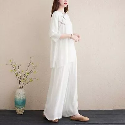 2023 White Zen Retro Casual Tang Suit Cotton Linen Tea Meditation Clothing Pants • $54.27