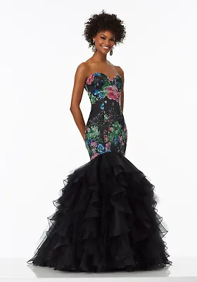 Mori Lee Madeline Gardner 99002 Black Floral Mermaid Dress Ruffled Skirt NWT 22 • $124.99