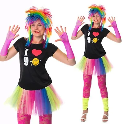 I Love 90s Neon Rainbow Tutu Skirt 90's Rave Fancy Dress T-Shirt Set Hen Party  • £19.99