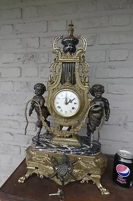 Italian  Black Marble Bronze Faun Putti Figural Mantel Clock 1970 Rare Top Piece • $980