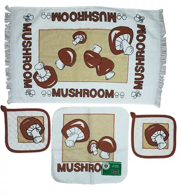 Vintage 70s Mushrooms Retro Kitchen Towel Washcloth Hot Pad Set • $25.99