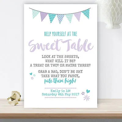 Personalised Sweet Table Candy Buffet Sign Wedding Party Turquoise Lilac TL11 • £4.75