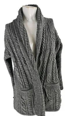 4059 Carraig Donn Sweater Womens Gray Merino Wool Cable Knit Open Cardigan • $28.69