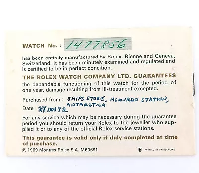 .1966 ROLEX McMURDO STATION ANTARCTICA / UNBELIEVABLY RARE GUARANTEE DATED 1972 • $651.75