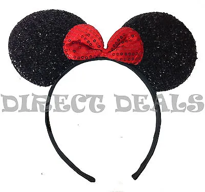 Minnie Mouse Ears Headband Black Shiny Cute Red Bow Party Favors Costume Mickey • $5.95