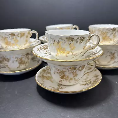 8 MINTON ENGLAND ~ ANCESTRAL  BONE CHINA SCALLOPED All GOLD TRIM CUPS & SAUCERS • $88