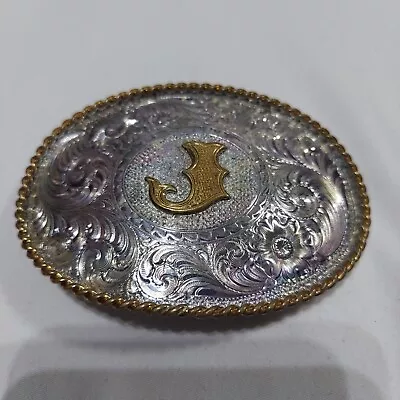 (FLAW) VTG Montana Silversmith Western  Iniatial J Belt Buckle Cowboy Rodeo • $30