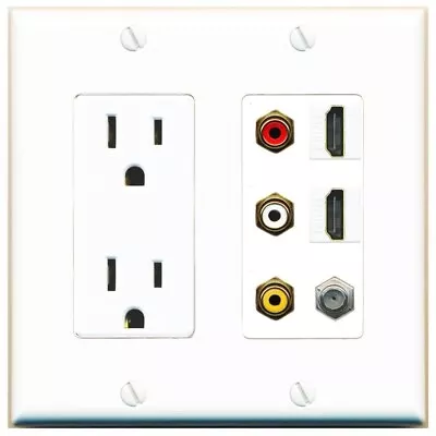 2x15a 125V Power Outlet 3 X RCA 2 X HDMI 1 X Coax Cable TV Port Wall Plate • $27.06