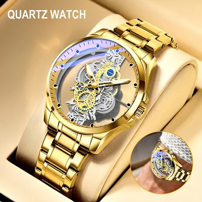 Luxury Men's Stainless Steel Quartz Hollow Skeleton Automatic Mechanical Watch • $15.63