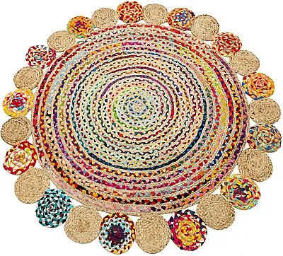 Round Rug Design Jute & Cotton Carpet Handmade 100% Natural Floor Mat Room Rug • £14.38