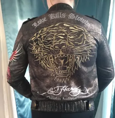 🔥🚨Vintage Christian Audigier Ed Hardy Leather Motorcycle Jacket Womens Sm EUC  • $999.99