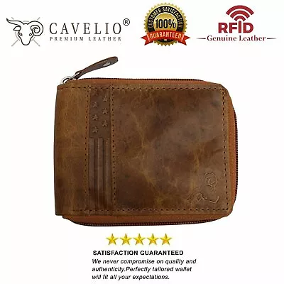 RFID Blocking Men's Zipper Genuine Leather Zip-Around ID Bifold Wallet USA Serie • $19.99