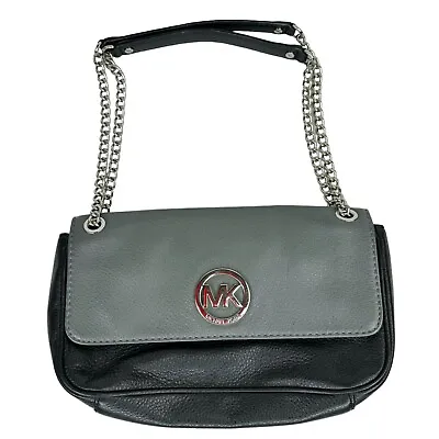 Michael Kors Fulton Pebbled Leather Black Grey Chain Crossbody Handbag Purse • $76.49