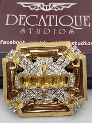 McClelland Barclay Large Citrine & Clear Rhinestone Art Deco Brooch • $125