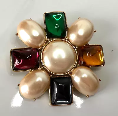 Signed MONET Gold Tone Multi Stone Faux Pearl Vintage Brooch Jewelry Lot Z • $13.50