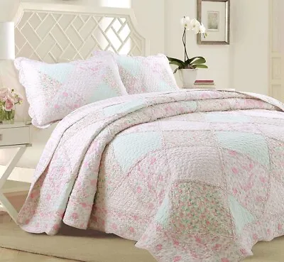 Banner Pink Floral Lace Real Patchwork 100%Cotton Quilt Set Bedspread Coverlet • £77.09