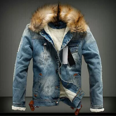 Men's Faux Fur Collar Sherpa Fleece Lined Distressed Denim Trucker Jacket • $65.99