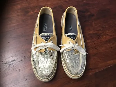 SPERRY TOP SIDER 9383241 BAHAMA GOLD SEQUIN BOAT SHOES Women’s Size 8 M • $21.95