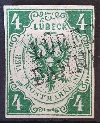 LUBECK GERMANY 1859 Used Imperf 4 S Michel #5A CV €750 LUBECK BAHNHOF RARE! • $14.50